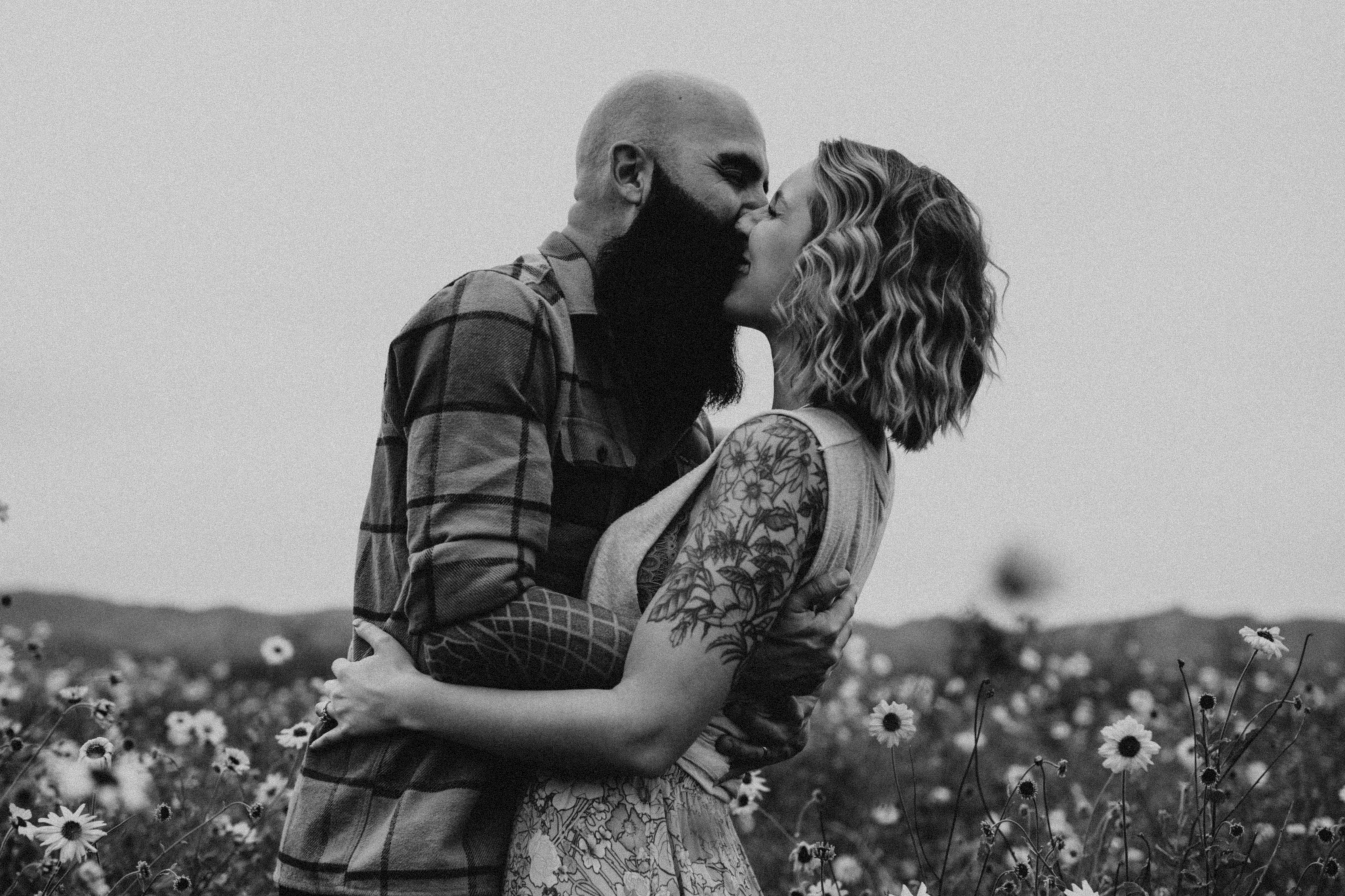 Husband and wife couple laughing and kissing with tattoos and beard and pink hair in yellow daisy field black and white